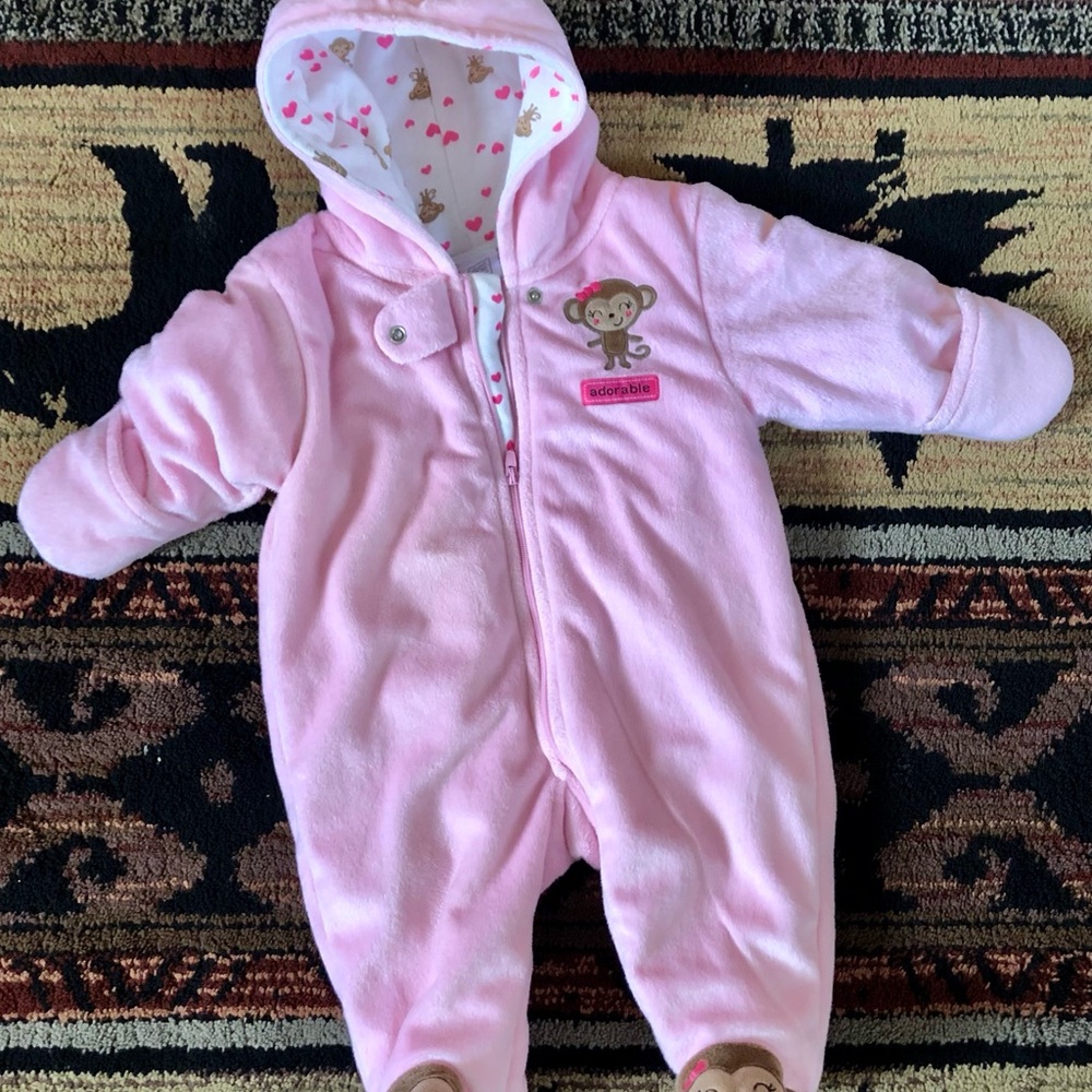 CARTER’S Pink Monkey Hooded Fleece Baby Girls Winter Snow Onesie Footsies 3 Mos
